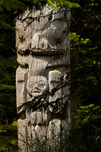 Mortuary Pole in old village of Sgang Gwaay in Gwaii Haanas National Park Reserve & Haida Heritage Site.